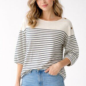 Talbots Cream Black Stripe 3/4 Sleeve Button Embellishment 1X Shirt